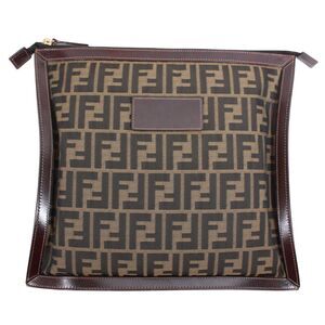 Fendi Zucca Pattern Clutch Bag Brown Leather Canvas